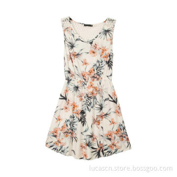 Women's Sleeveless Floral Print Short Dress with Lace